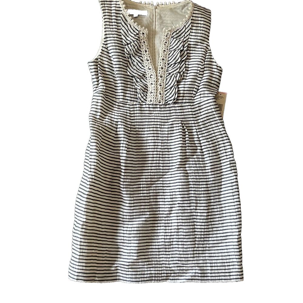 Vintage Nine West Dress 10 Grey Ivory Striped Linen Ruffle NWT